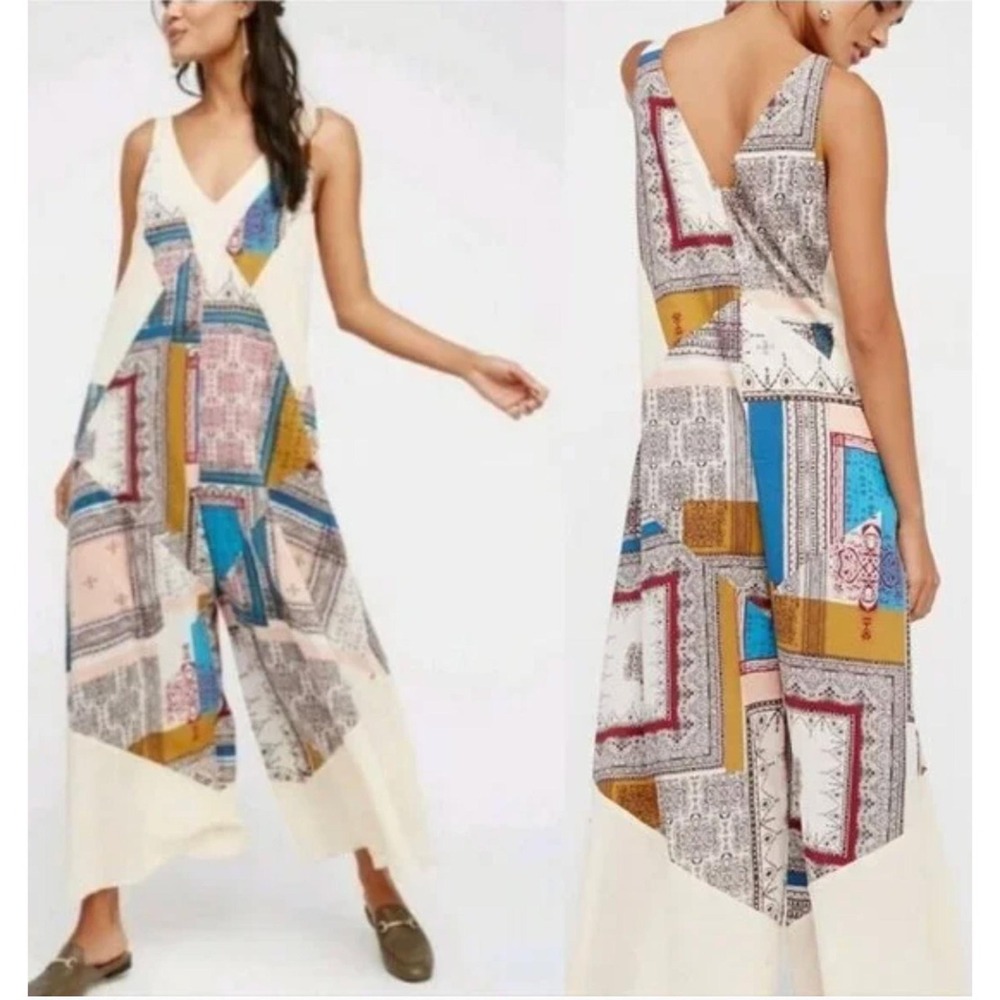 Free People Patchwork Jumpsuit Womens Medium Cream Blue Boho Wide Leg Bohemian